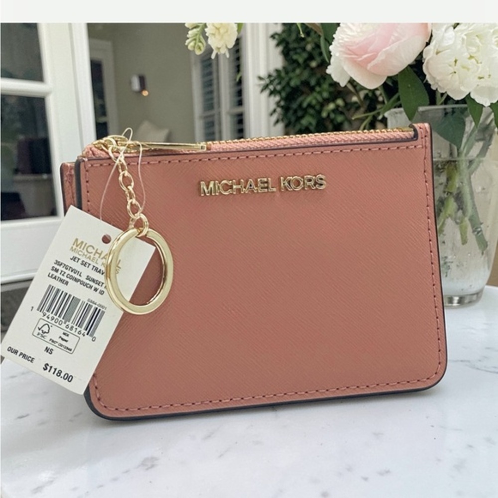 Michael Kors Sunset Saffiano Leather Coinpouch/ Zip Card Holder with Keyring
